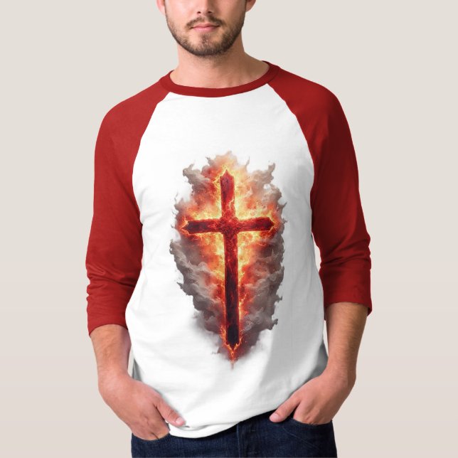 Camiseta Men's Flaming Christian Cross Baseball Tee (Anverso)
