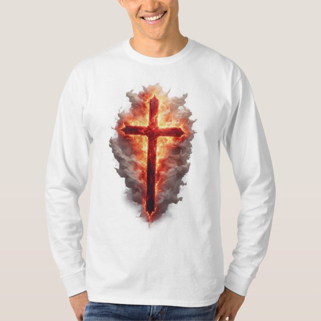 Camiseta Men's Flaming Christian Cross Long Sleeve Tee (Anverso)