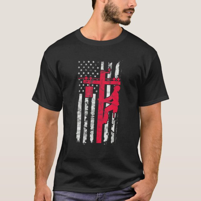 Camiseta Mens Lineman USA American Flag Electrician Line Wo (Anverso)