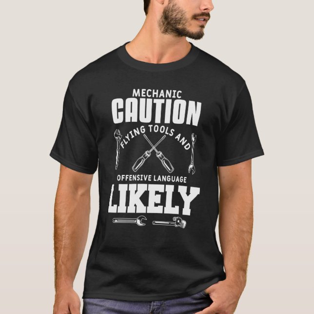 Camiseta Mens Mechanic Caution Car Auto Mechaner Engineer (Anverso)