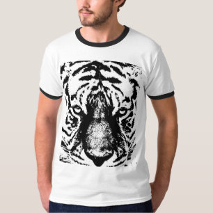 Camiseta Mens Ringer moderno Cara de tigre blanco y negro
