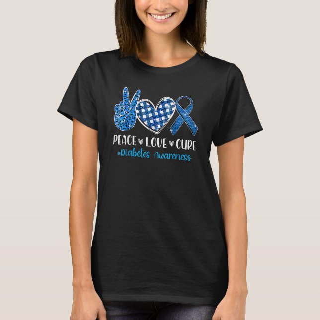 Camiseta Mens Support Peace Love Cure Grey Blue Ribbon Diab (Anverso)