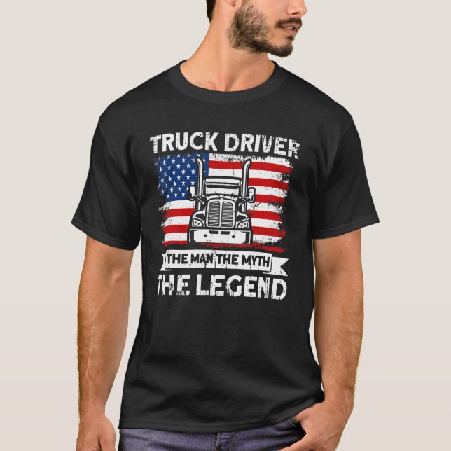 Camiseta Mens Trucker Truck Driver American Flag Man Myth L (Anverso)