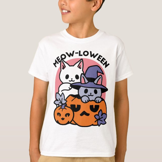 Camiseta Meow-Loween - Diseño de felinos Halloween (Anverso)