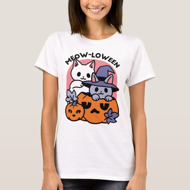 Camiseta Meow-Loween - Diseño de felinos Halloween (Anverso)