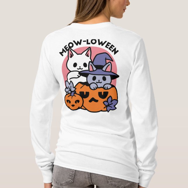 Camiseta Meow-Loween - Diseño de felinos Halloween (Reverso)