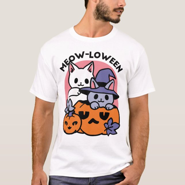 Camiseta Meow-Loween - Diseño de felinos Halloween (Anverso)
