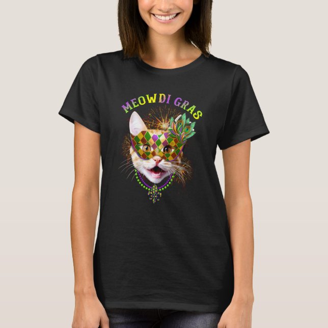 Camiseta Meowdi Gras Kitten Cat Mask Beads Mardi Gras Funny (Anverso)