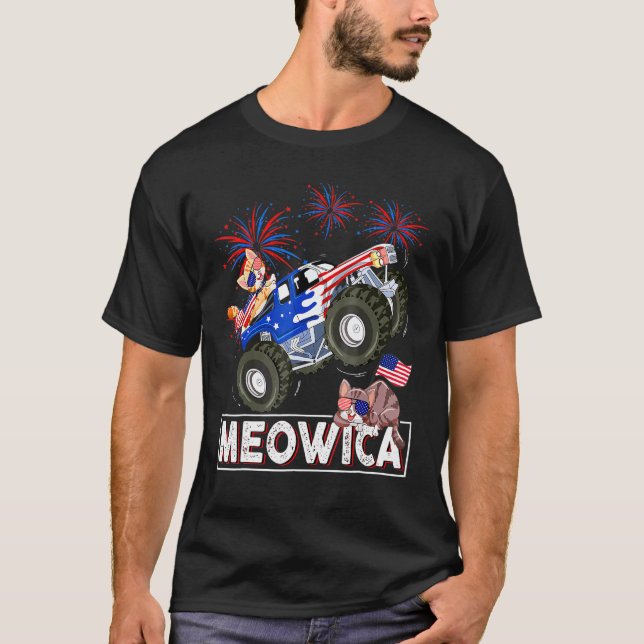 Camiseta Meowica 4 De Julio Camiones Monstruos De Gatos Est (Anverso)