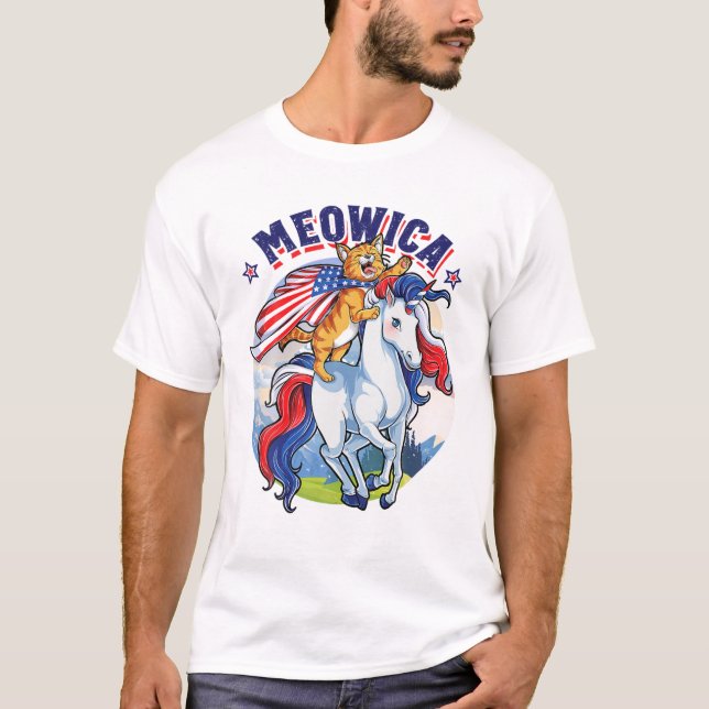 Camiseta Meowica 4 De Julio Gato Montando Meric Mujeres Uni (Anverso)