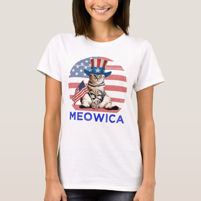 Camiseta Meowica 4 De Julio Gato Patriótico Estadounidense (Anverso)