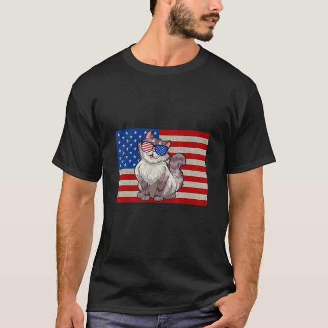 Camiseta Meowica American Flag Sunglasses Patriotic Cat 4th (Anverso)