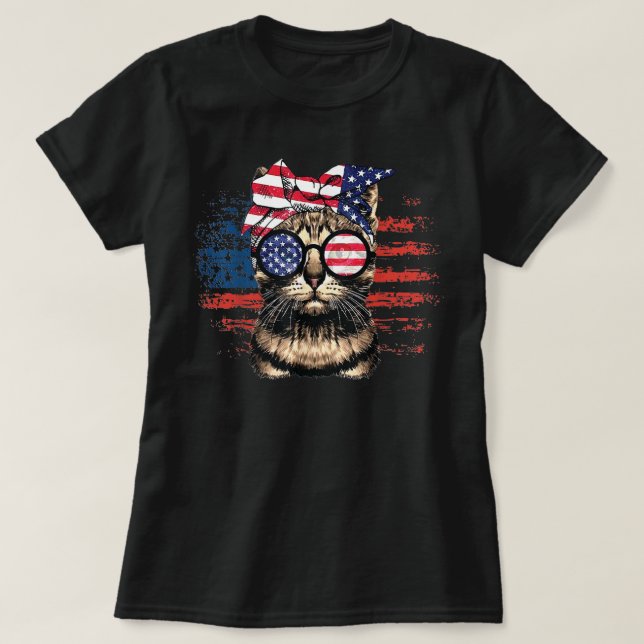 Camiseta Meowica Bandera Americana Cat messy bun con Sungla (Diseño del anverso)