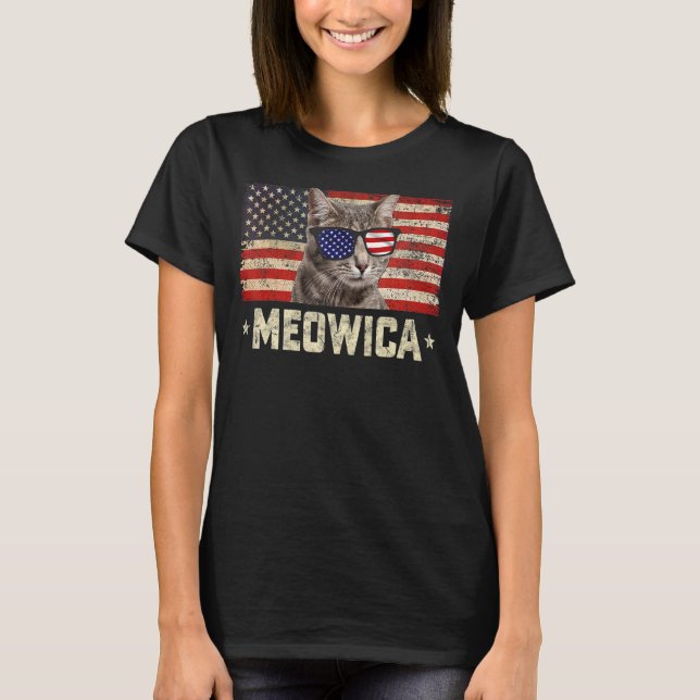 Camiseta Meowica Cat Cuarto 4 De Julio Patriótico Eeuu Amer (Anverso)