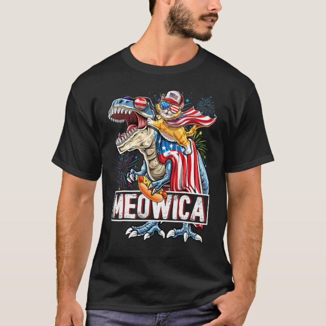 Camiseta Meowica Cat Dinosaur 4 De Julio Estadounidense Usa (Anverso)