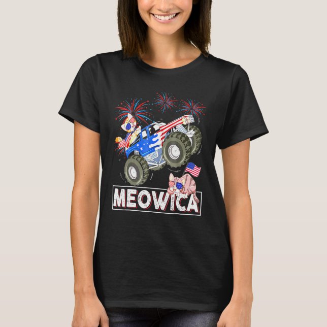 Camiseta Meowica Cat Monster Drik Camión Bandera Americana  (Anverso)