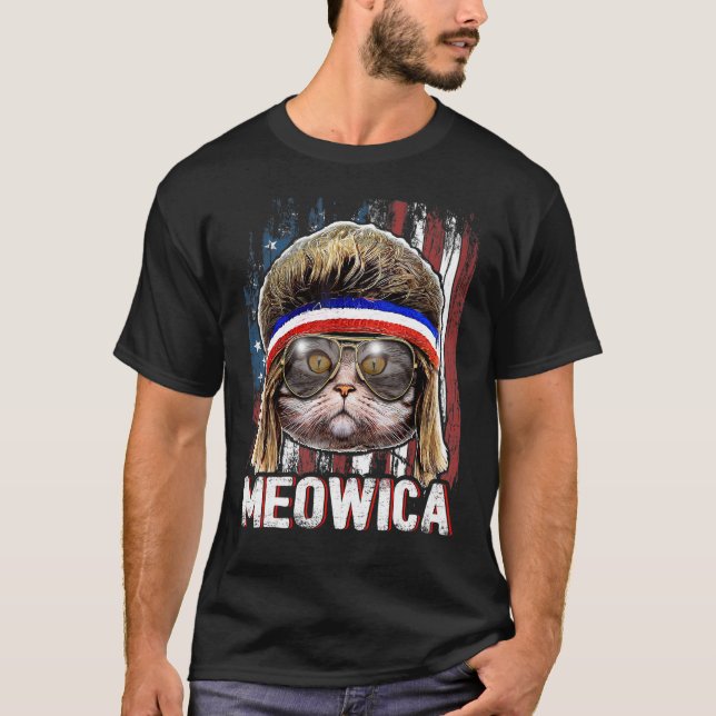 Camiseta Meowica Cat Mullet American Flag Patriotic 4th Of  (Anverso)