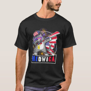 Camiseta Meowica Gato Dabbing Bandera Americana Fuegos Arti