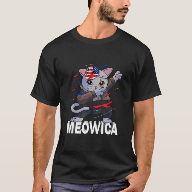 Camiseta Meowica Ninja Mascota Cat 4 De Julio Patriótico Am (Anverso)