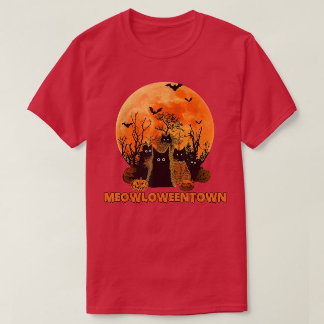 Camiseta Meowloweentown Red Moon Black Cats (Diseño del anverso)