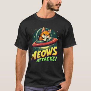 Camiseta Meows ataca curioso gato Alien UFO Parodia Retro S