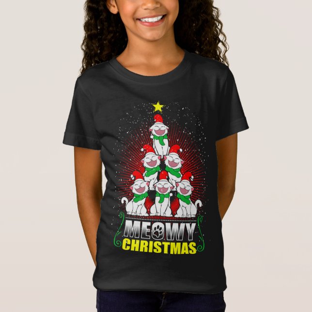 Camiseta Meowy Cat Christmas Tree enciende Funny Kitten X-M (Anverso)