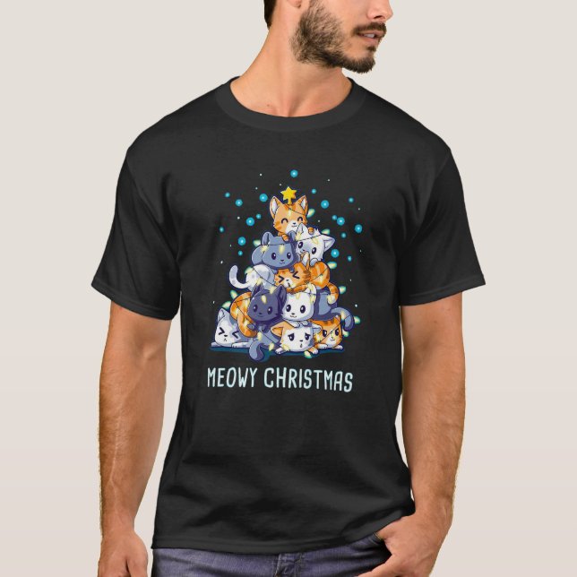 Camiseta Meowy Catmas Cat Christmas Tree Lights Funny Cat L (Anverso)
