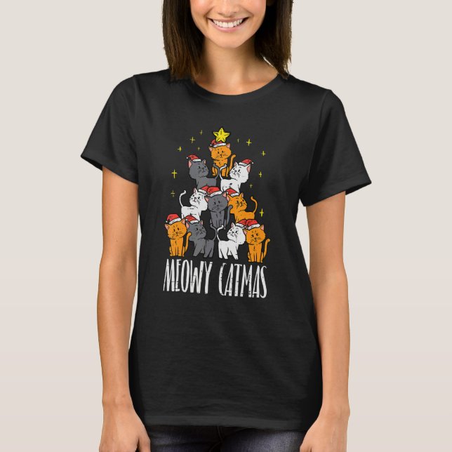 Camiseta Meowy Catmas Cat Christmas Tree Xmas Women Girls (Anverso)