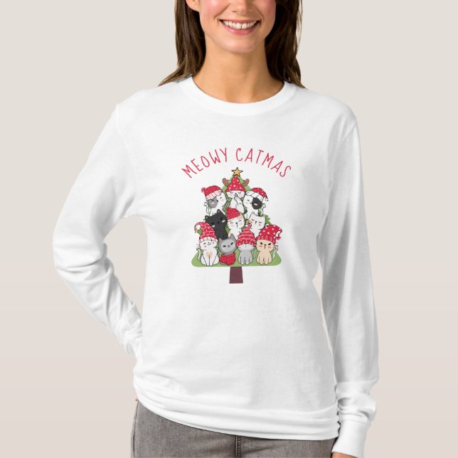 Camiseta Meowy Catmas Kawaii Cat Árbol de Navidad (Anverso)