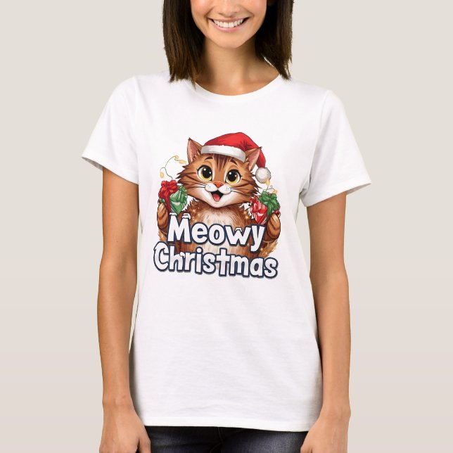 Camiseta Meowy Christmas Cat . Funny Holiday Tee (Anverso)