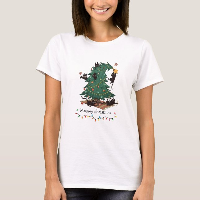 Camiseta Meowy Christmas Funny Cat Tree Chaos T-Shirt (Anverso)