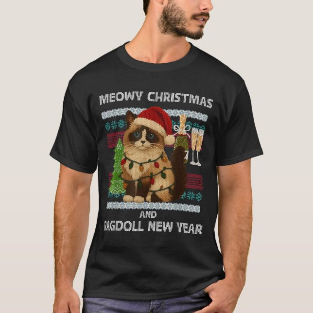 Camiseta Meowy Christmas Funny Ragdoll Cat Santa Hat Ugly S (Anverso)