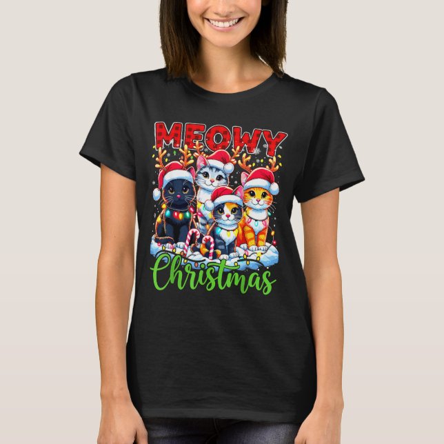 Camiseta Meowy Christmas Reindeer Xmas Lights Santa Cat  (Anverso)