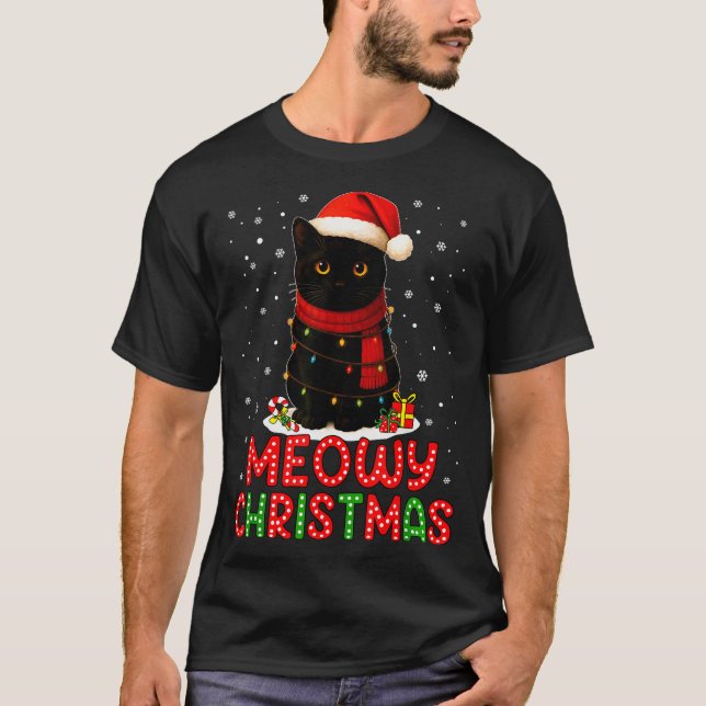 Camiseta Meowy Christmas Santa Hat Funny Black Cat Men Wome (Anverso)