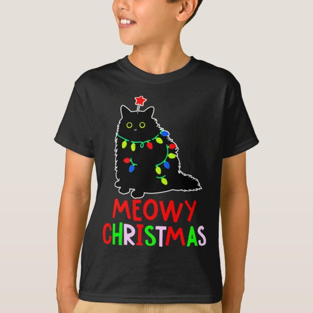 Camiseta Meowy Christmas Xmas Lights Black Cat Pajamas  (Anverso)