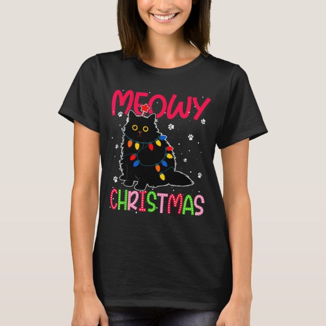 Camiseta Meowy Christmas Xmas Lights Black Cat Pajamas Fami (Anverso)