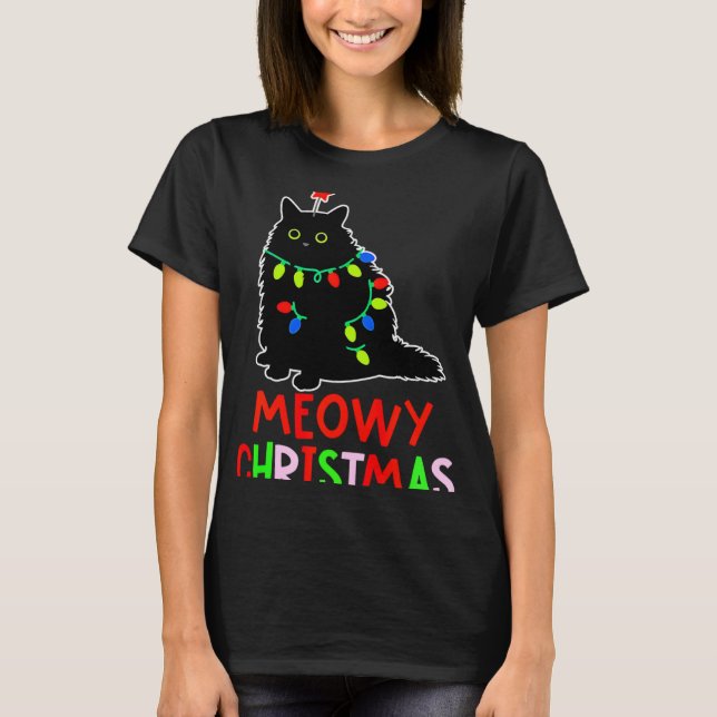 Camiseta Meowy Christmas Xmas Lights Black Cat Pajamas Todd (Anverso)