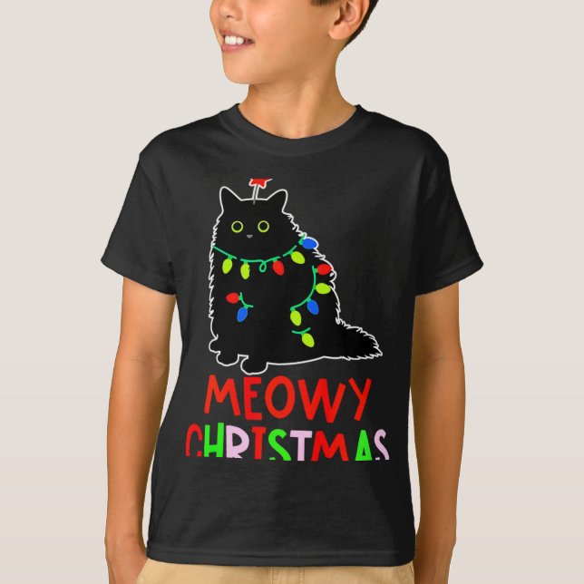 Camiseta Meowy Christmas Xmas Lights Black Cat Pajamas Todd (Anverso)