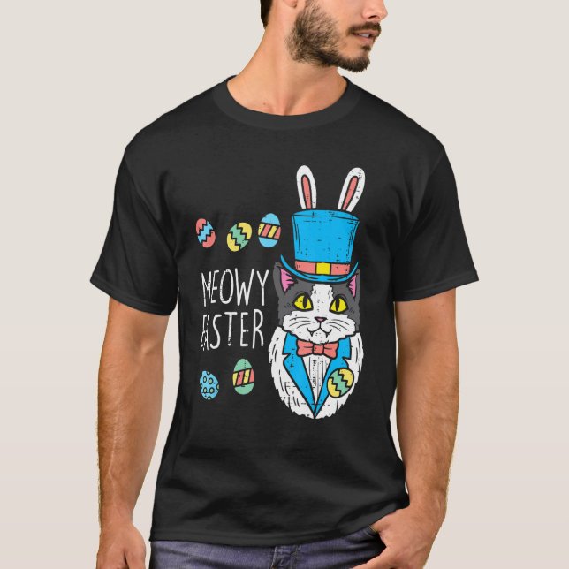 Camiseta Meowy Easter Day Cat Bunny Ears Eggs Hombres Masco (Anverso)