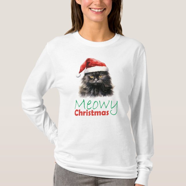Camiseta Meowy Navidades, lindos Navidades Gatos Larga Mang (Anverso)