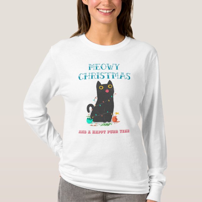 Camiseta Meowy Navidades y un gato feliz del año de puré gr (Anverso)