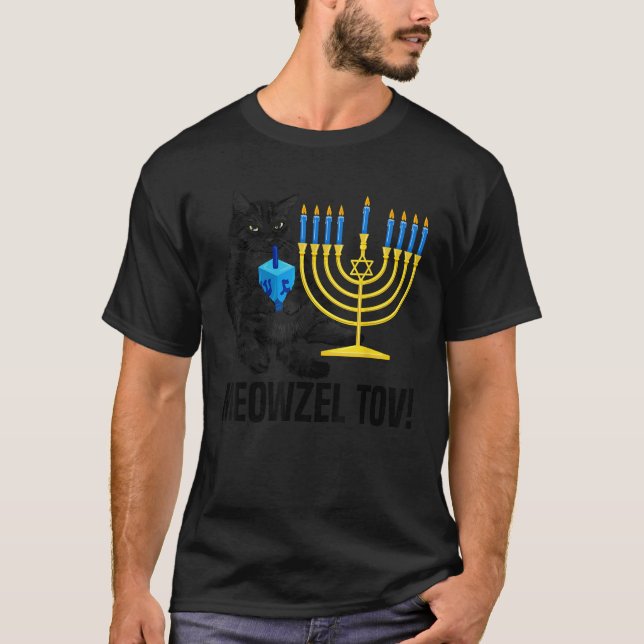 Camiseta Meowzel Tov Black Cat Menorah Dreidel Hanukkah Cha (Anverso)
