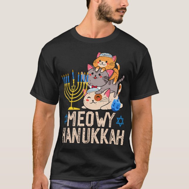 Camiseta Meowzel Tov Cat Menorah Jewish Meowy Hanukkah Chan (Anverso)