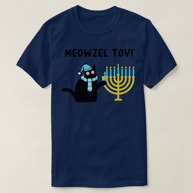 Camiseta Meowzel Tov Gift Black Cat Mazel Tov Menorah Funny (Diseño del anverso)