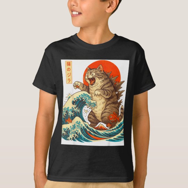 Camiseta Meowzilla Catzilla Cat Japanese Art Funny For Men  (Anverso)