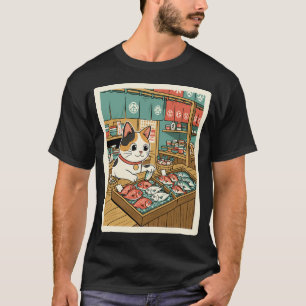 Camiseta Mercado Acogedor Gato Observando Pescado Fresco en