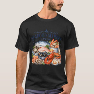 Camiseta Mercado de mariscos vintage acuarela C de comida c