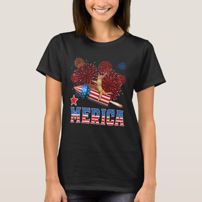 Camiseta Merica 4th of July Cat Riding Firework Rocket Patr (Anverso)