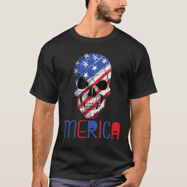 Camiseta Merica American Flag Skull Sunglass 4th July (Anverso)