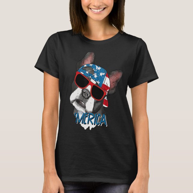Camiseta Merica Bulldog Francés Bandera Estadounidense 4 De (Anverso)